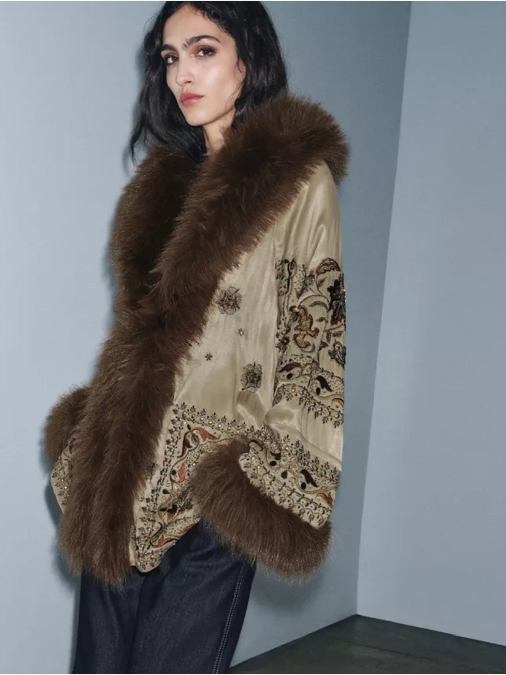 Zara NWT ZW Collection Limited Edition Embroidered Beaded Fur Kimono 5107/286